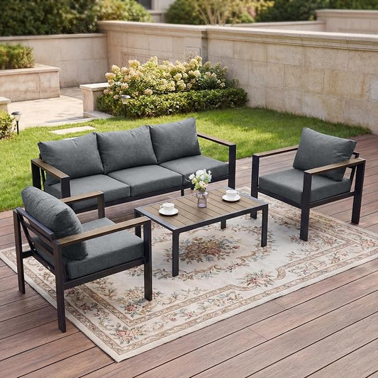 Patio Furniture Set 5 Seats and Coffee Table, Patio Conversation Set with Washable Thick Cushions, Deluxe Aluminum Modern Outside Sectional for Porch, Balcony, Deck, Yard, Light Gray