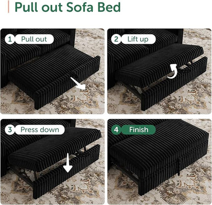 HONBAY Modular Pull Out Sofa Bed,Corduroy Loveseat, Couches for Living Room,Black