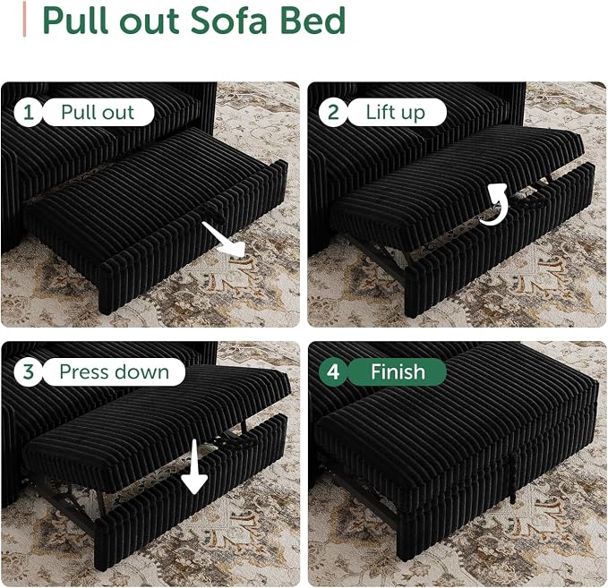 HONBAY Modular Sectional Sofa with Pull Out Bed,Corduroy L Shaped Sleeper Sofa with Storage, Sectional Couches for Living Room,Black