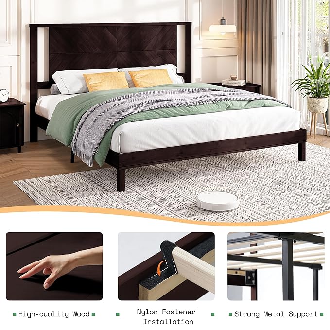 AMERLIFE Solid Wood King Size Bed Frame with Headboard, Mid Century Modern Style Platform Bed with Under-Bed Storage, No Box Spring Needed, Noise Free, Easy Assembly, Dark Brown