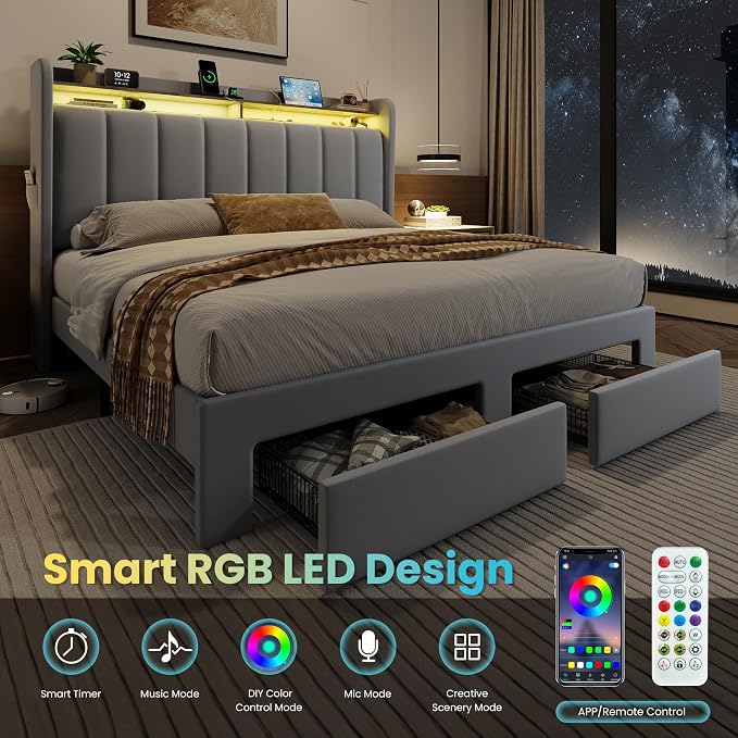 SHA CERLIN Velvet Full Size Bed Frame with Vertical Channel Tufted Wingback Headboard & 2 Storage Drawers/2-Tier Shelves with LED Lights & Charging Station/Noise-Free/No Box Spring Needed/Light Grey