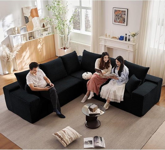 Sectional Cloud Couch for Living Room, Modern Modular Floor Deep-Seat Sofa, Upholstered L Shaped Sofas, Big Comfy Corduroy Couches Set for Living Room Bedroom, No Assembly Required, Black