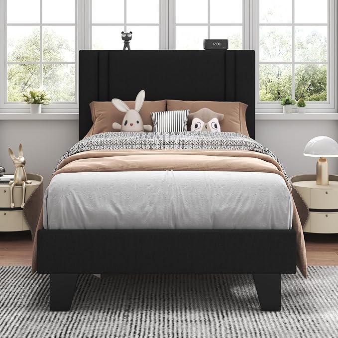 Feonase Twin Platform Bed Frame, Velvet Upholstered Twin Bed Frame, Solid Wood Slats & Heavy Duty Feet Support, No Box Spring Needed, Noise-Free, Easy Assembly, Black