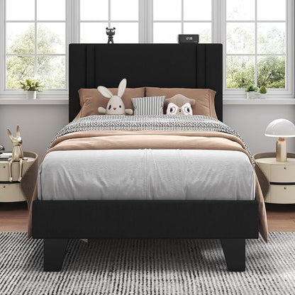 Feonase Twin Platform Bed Frame, Velvet Upholstered Twin Bed Frame, Solid Wood Slats & Heavy Duty Feet Support, No Box Spring Needed, Noise-Free, Easy Assembly, Black