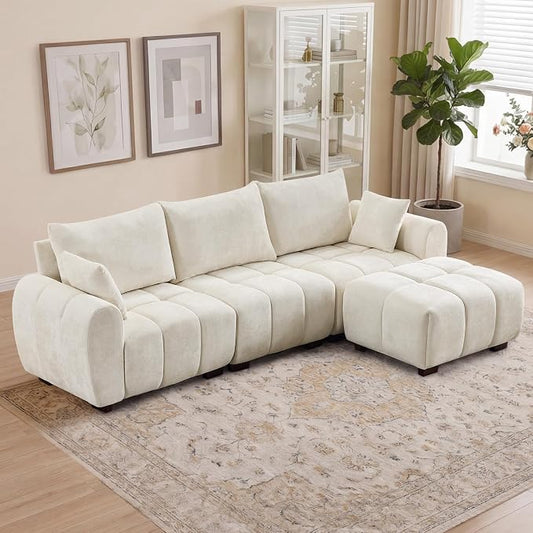 112" L Shaped Modular Sectional Sofa, Beige Chenille Cloud Couch, Modern Upholstered 4 Seater Couch with Removable Ottoman, Tufted Deep Seat & Wood Legs, Sectional Couches for Living Room Apartment
