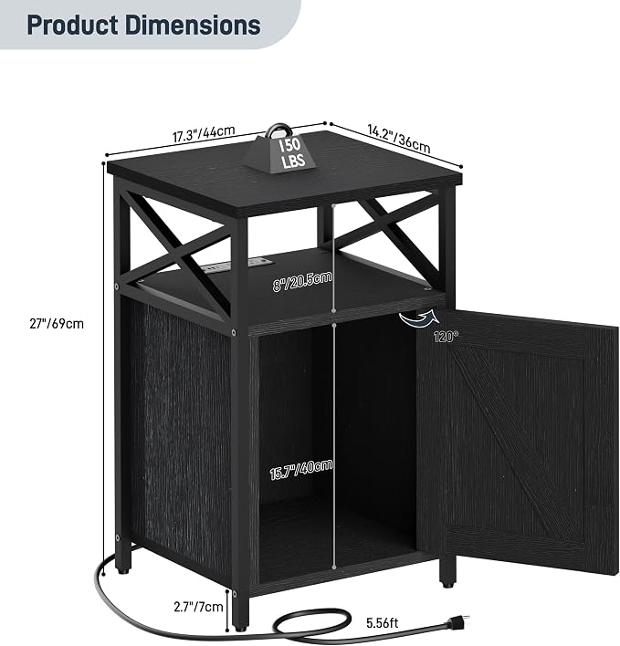Night Stand Set 2, Bedroom Nightstands, Matching Bedside Tables, Black | Lock and Charging Station with USB C Port, Large Lockable Storage Cabinet, End Table with Door, Metal and Wood Bed Side Table