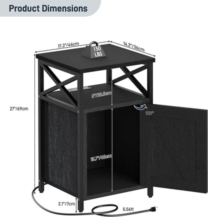 Night Stand Set 2, Bedroom Nightstands, Matching Bedside Tables, Black | Lock and Charging Station with USB C Port, Large Lockable Storage Cabinet, End Table with Door, Metal and Wood Bed Side Table