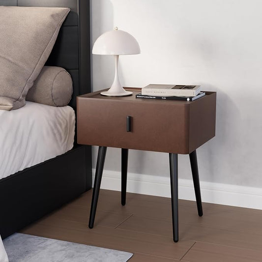 Nightstand Set of 2 with Single Drawer,Leather Side Table,Modern Bedside Table with Metal Legs for Bedroom,Small Accent End Table,Brown