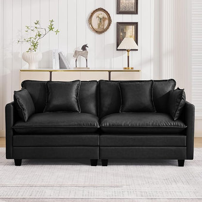 76'' Cloud Deep Seat Loveseat, Upholstered Leather Modular 2-Seats Sectional Sofa Couch, Modern Comfy Settee Loveseat for Living Room Set, Small Apartment, Leather Black