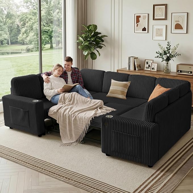 Sectional Sleeper Sofa with Pull Out Bed, 8 Seats U Shaped Modular Sectional Sofa with Storage, USB Ports, Cup Holders, Plush Corduroy Cloud Sectional Couches for Living Room, Black