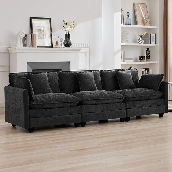 111'' Sectional Cloud Deep Seat Couch, Modern Comfy Chenille Modular Sectional Sofa for Living Room Set, Upholstered Modular 3-Seats Sofa Couch, Dark Grey