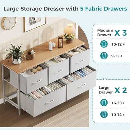 OLIXIS 5 Drawer Dresser for Bedroom, Storage Organizer Unit for Closet | Chest of Drawers for Clothes Storage with Bins, Wide Fabric Bedroom Dresser, Wooden Top, Living Room, Light Grey