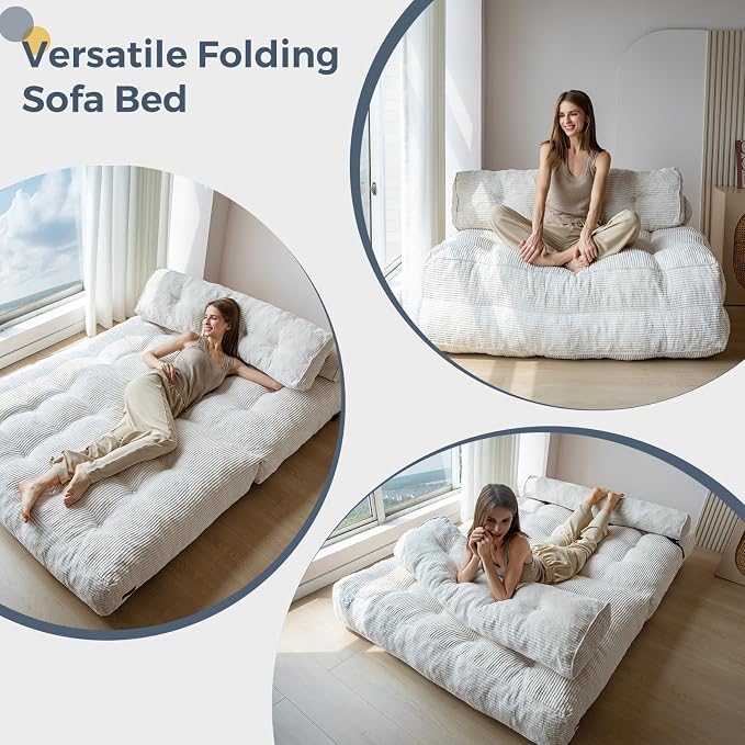 MAXYOYO Folding Sofa Bed, Convertible Chair with Pilow, Portable Fold Out Chair Bed with Back Support Comfy Floor Sofa Lounge for Living Room Bedroom, Beige, Double