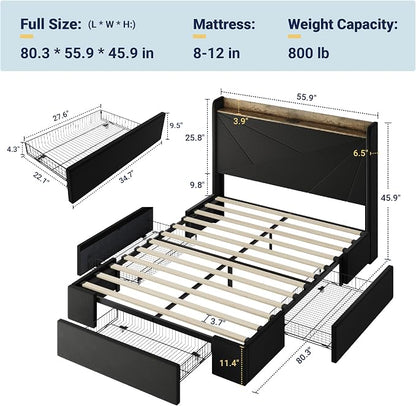 Allewie Full Size Velvet Bed Frame with 3 Storage Drawers, Upholstered Platform Bed with Wingback Storage Headboard and USB Ports, No Box Spring Needed, Easy Assembly, Black