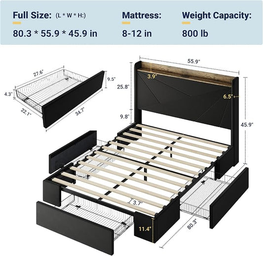 Allewie Full Size Velvet Bed Frame with 3 Storage Drawers, Upholstered Platform Bed with Wingback Storage Headboard and USB Ports, No Box Spring Needed, Easy Assembly, Black