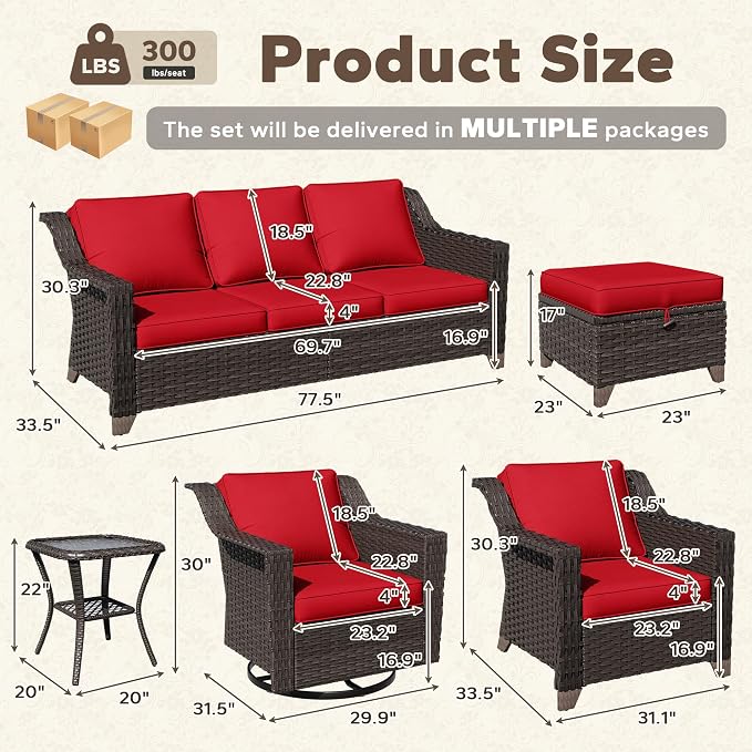 8 Pieces Patio Conversation Furniture Set - 1 Sofa, 2 Ottomans, 2 Armchairs, 2 Swivel Chairs, 1 Side Table, Outdoor Wicker Furniture with Removable Cushions for Porch, Sunroom (Red)