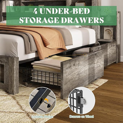 AMERLIFE King Size Bed Frame with 4 Storage Drawers, LED Bed Frame with 49“ Tall Bookcase Headboard, Wood Platform Bed with Charging Station & 2 Slide Bedside Shelf, No Box Spring Needed/Rustic Grey