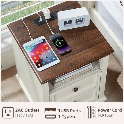 SAVOR LIFE Farmhouse Side Table with Charging Station, Antique Nightstands with Drawers, Bedside Table with Open Shelf for Bedroom, White