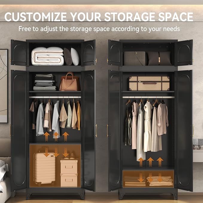 Polup Metal Armoire Wardrobe Closet, 86 Inch Tall Freestanding Wardrobe Cabinet with Hanging Rod, Bedroom Armoires with Doors, 18" D x 32" W x 86" H, Black, Assemble Required, Shipped in Two Packages
