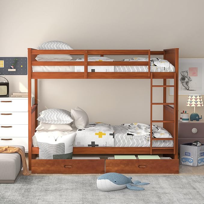 Merax Twin-Over-Twin Bunk Bed with Two Storage Drawers, Solid Wood Twin Size Bunk Bed with Guardrial and Removble Ladder, Can be Converted Into 2 Separate Beds, Walnut