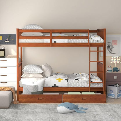 Merax Twin-Over-Twin Bunk Bed with Two Storage Drawers, Solid Wood Twin Size Bunk Bed with Guardrial and Removble Ladder, Can be Converted Into 2 Separate Beds, Walnut