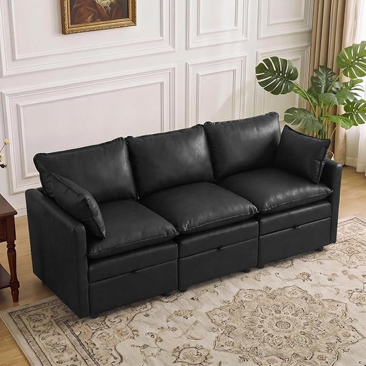 80" Black Faux Leather Storage 3 Seater Sofa, Modular Sectional Cloud Sofa | Modern Deep Seat Cloud Upholstered Sofa with Armrest, Convertible 3 Seater Comfy Sofa for Living Room, Bedroom, Small spaces