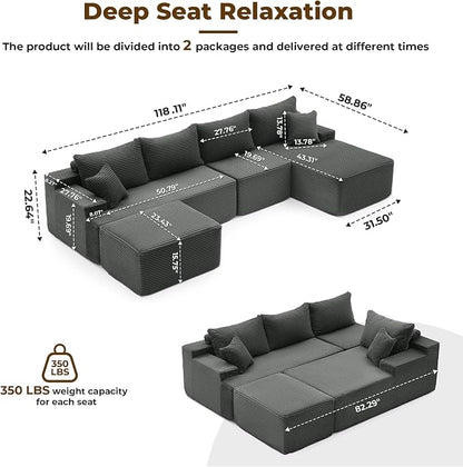 Mangodan 118'' Cloud Sectional Couch, U Shaped Boneless Couches for Living Room, Modular Sectional Sofa with Deep Seat Right Facing Chaise, Comfy Cloud Couch Sofa, Gray