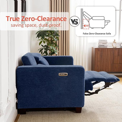 MCombo 88.6'' Reclining Sofa, Wall Hugger Power Recliner Sofa with Adjustable Headrest, USB A & C Charge Ports, Wood Legs, for Living Room (Fabric, HL198M3) (Navy Blue, 3-Seater)