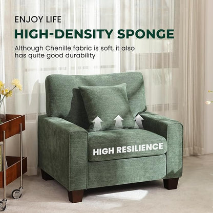 DOPEDIO Modern Living Room Sofa Set, 88.58" Chenille Loveseat with 2 Accent Chairs, Removable Covers, Spring Cushions, Solid Wood Frame, Easy Assembly（88.58inch+2 Single,Green）