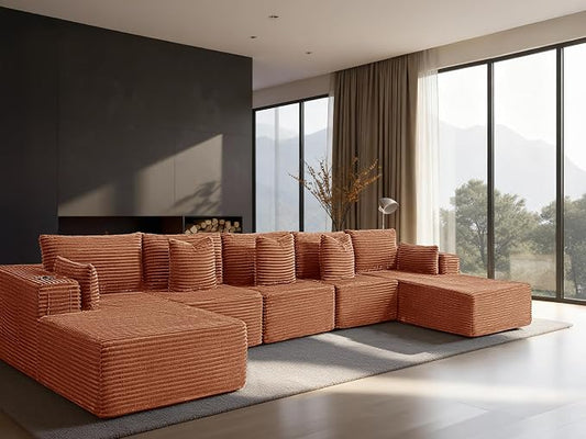168" Cloud Sectional Couch, Comfort U Shaped Sofa for Living Room, Extra Deep Seats No Assembly, Minimalist Modular Couch, Corduroy (Deep Orange, 7 Seats,U-Shape C)