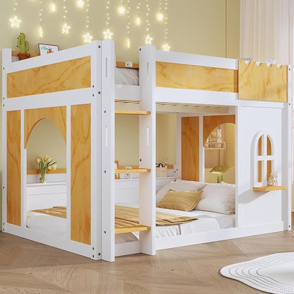 Full Over Full Bunk Bed with Storage Shelves,Window and Two Doors,for Kids Teens Adults Use (White+Natural-Doors, Full Over Full)