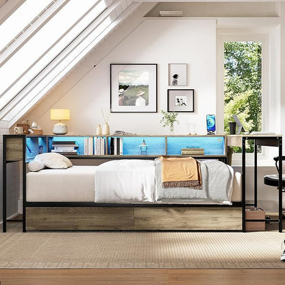 Bellemave Full Corner Bed Frame with Desk and Storage, Full Size Captains Bed with Charging Station and LED Light, Wood Daybeds with L-Shaped Bookcase and 2 Drawers, Grey