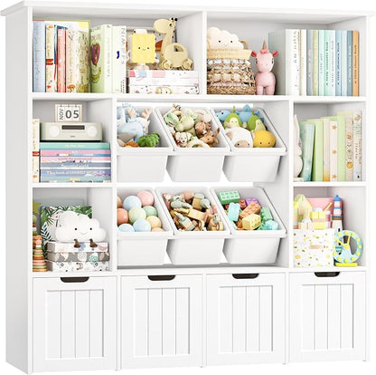 FINETONES Toy Storage Organizer with 6 Toy Bins, Large Toy Organizers and Storage with 4 Movable Drawers and 6 Storage Cubbies, Kids Toy Storage and Toy Chest for Playroom and Kids Room, White