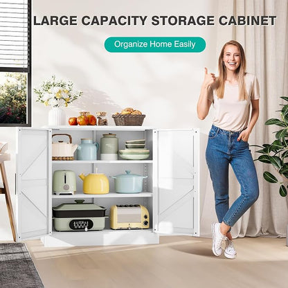 White Storage Cabinet with Doors and Adjustable Shelves,36" Farmhouse Food Pantry Cabinets,Small Sideboard Cabinet,Short Metal Storage Cabinets for Home Kitchen,Dining/Living/Laundry/Room