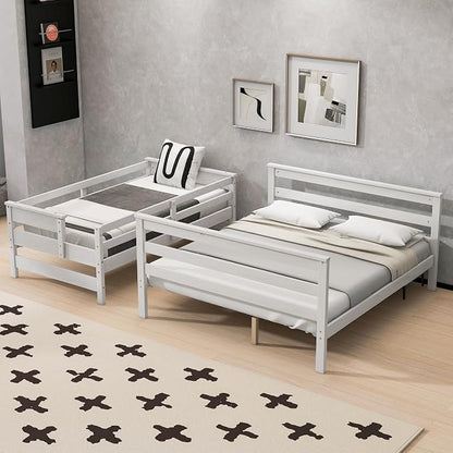 Wood Bunk Bed Twin XL Over Queen Size, Detachable Design Bunk Bed Frame with Safety Guardrail, Ladder and Sturdy Slats Support (White-4.21)
