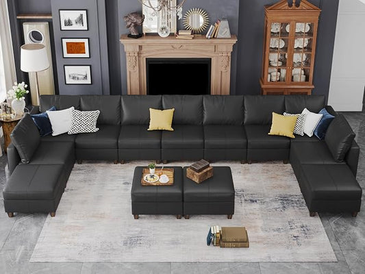 EASE MOOSE Faux Leather Modular Couch Sectional Sofa with Storage Ottomans, Oversized U Shaped Couch, Black