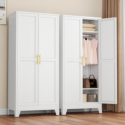 winiowa Metal Armoire Wardrobe Closet with 2 Doors, 71" Wardrobe Cabinet with Adjustable Shelves and Hanging Rod, Clothing Storage Cabinet Closet for Bedroom-White