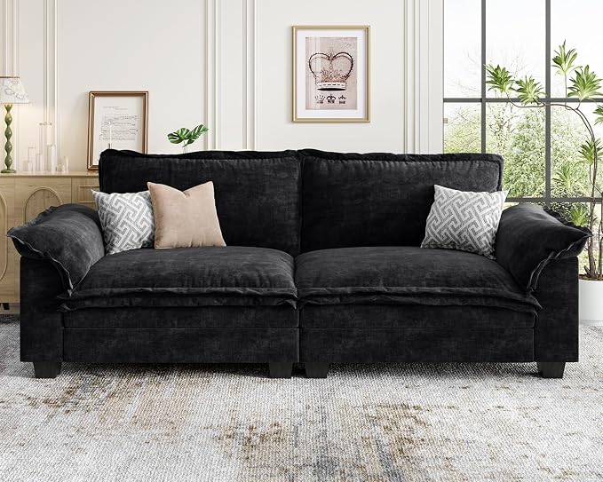 KKL 89 Inch Modular Sectional Sofa, 2 Seater Loveseat Cloud Couch with Deep Seat, Chenille Sectional Couches for Living Room, Apartment, Black