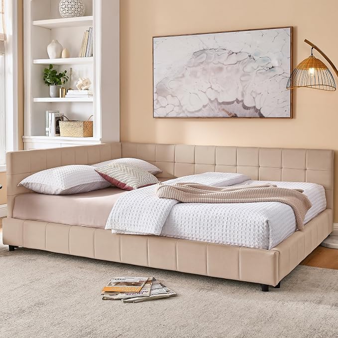 Bellemave Queen Size Corner Bed Frame with Comfortable Backrest and Armrests, Velvet Tufted Corner Bed Frame Queen Size, Upholstered Daybed for Bedroom, Living Room, Guest Room, Pink