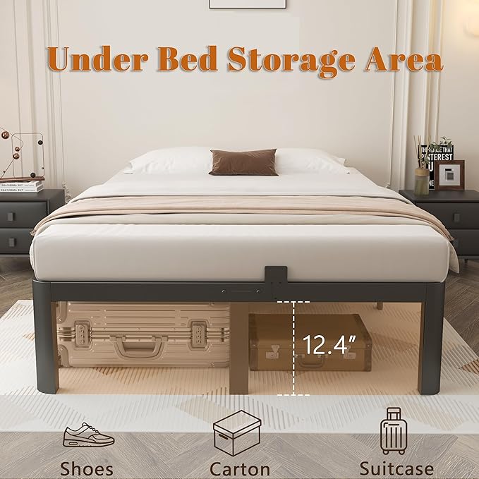 14 Inch Queen Bed Frame, Black Bed Frame Queen Size with Metal Baffles, No Box Spring Needed, Heavy Duty Steel Platform Support to 3500LBS, Round Corner Design, Noiseless, Storage Space