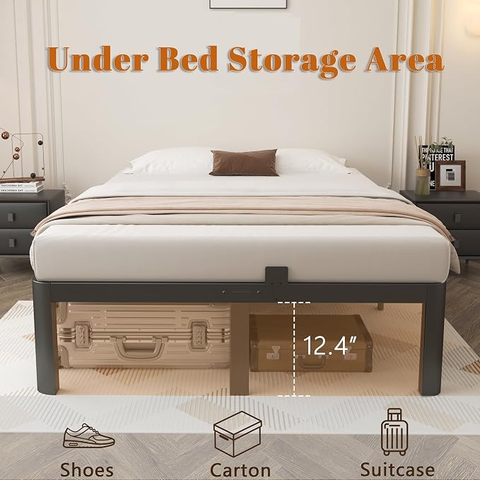 14 Inch Full Size Bed Frame, Metal Bed Frame Full with Gaskets, No Box Spring Needed, Heavy Duty Steel Platform Supprt, Rounded Corner Legs, Reserved Holes, Noise Free, Storage Space, Black