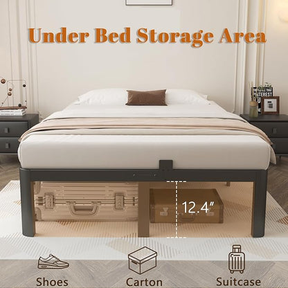 14 Inch Full Size Bed Frame, Metal Bed Frame Full with Gaskets, No Box Spring Needed, Heavy Duty Steel Platform Supprt, Rounded Corner Legs, Reserved Holes, Noise Free, Storage Space, Black