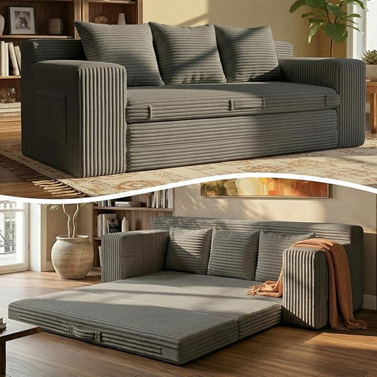 Boneless Couch Sofa Bed, 70'' Convertible Tri-Folding Futon Sleeper with Handle & Side Pockets, Pull Out Couch Bed with Hook and Loop No Assembly for Small Space,Living Room & Bedroom