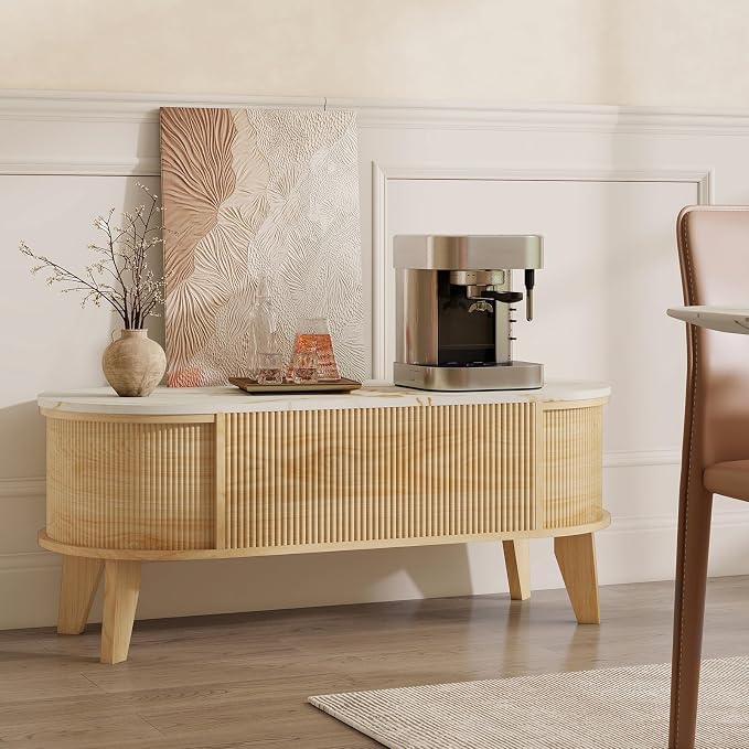 LYNCOHOME 43.3" Fluted Lift Top Coffee Table with Storage, White Faux Marble Top Center Table, Modern Oval Coffee Table for Living Room or Home Office（Elegant Light Oak, Natural）