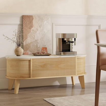 LYNCOHOME 43.3" Fluted Lift Top Coffee Table with Storage, White Faux Marble Top Center Table, Modern Oval Coffee Table for Living Room or Home Office（Elegant Light Oak, Natural）