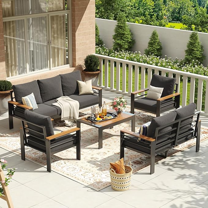 Aoxun Aluminum Patio Furniture Set 7 Seats, Oversized Outdoor Sectional with Washable Thick Cushions, Coffee Table, Patio Conversation Sets for Porch, Balcony, Deck, Dark Gray