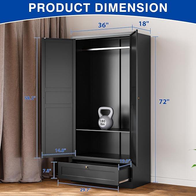 BYNSOE Metal Armoire Wardrobe Closet with 2 Doors 72'' Wardrobe Cabinet with Drawers and Hanging Rail Metal Closet with Adjustable Shelves for Bedroom. (Black, with 1drawer)