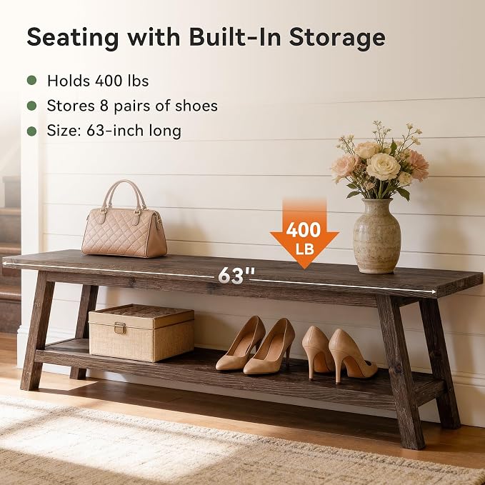 Solid Wood Entryway Bench with Shoe Storage Shelf, 62.99" Long Rustic Hallway Shoe Bench, Natural Wood Mudroom Window Seating, 400 lbs Capacity