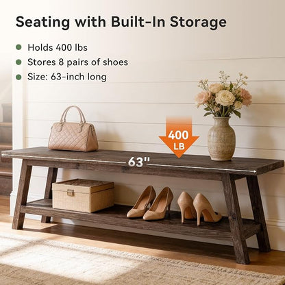 Solid Wood Entryway Bench with Shoe Storage Shelf, 62.99" Long Rustic Hallway Shoe Bench, Natural Wood Mudroom Window Seating, 400 lbs Capacity