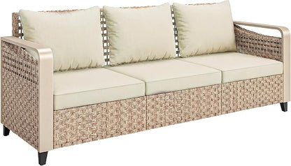Outsunny Outdoor Patio Couch with Wide and Deep Seat, 3 Seater Wicker Outdoor Sofa with Wide Metal Armrests, Patio Furniture Couch with Cushions for Porch, Garden, Backyard, Beige